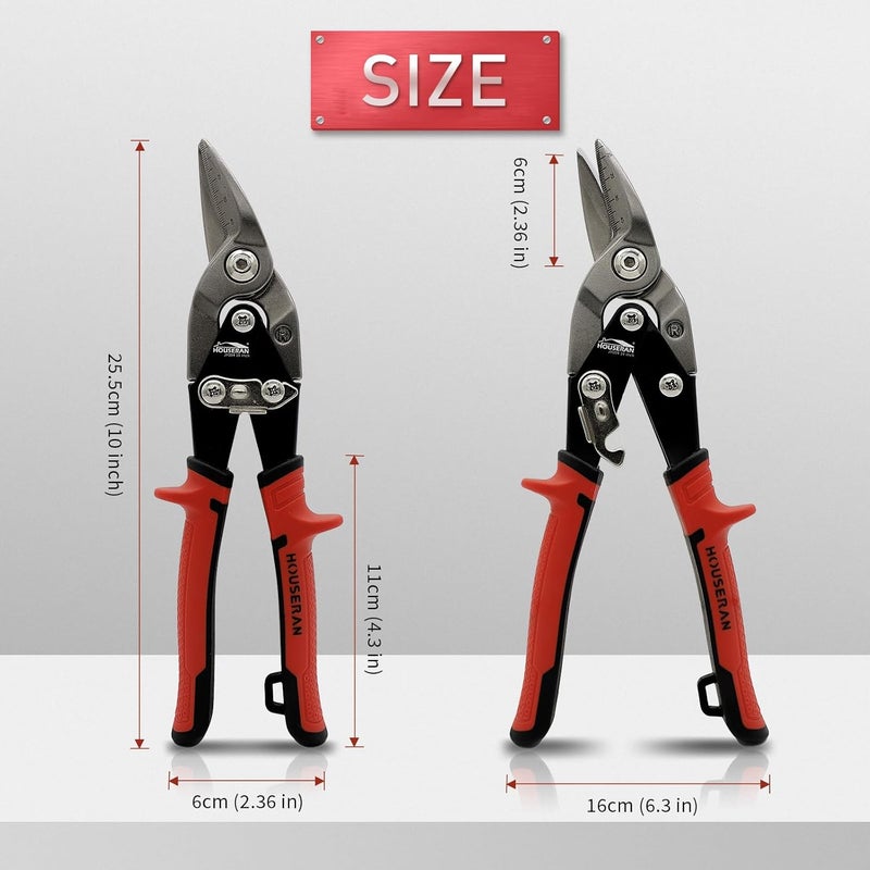 HOUSERAN 10 Inch Tin Snips, Right Cut Offset Aviation Snips, Heavy Duty CR-MO Metal Cutter with Double Lever, Scale Markings & Safety Lock, Tinner Shears Scissors for Cutting Metal Sheet - Image 1